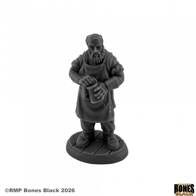 A dark grey unpainted tabletop gaming miniature of a bearded man in a tunic, standing on a round base. The image is on a white background with RPMBonesBlack branding. 44335 Jochim, Bartender - Reaper Bones Black