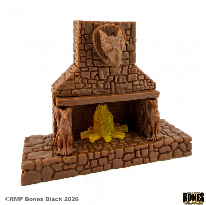 Model of a stone fireplace with a fire and animal heads on a white background. 44337 Green Griffin Fireplace - Reaper Bones Black