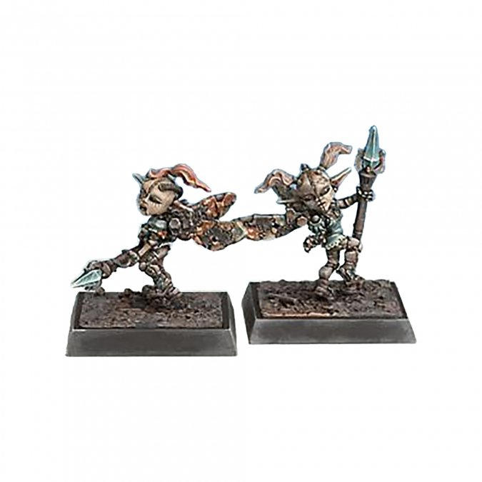 48012 Clockwork Fairies by Reaper Miniatures from the Chronoscope range sculpted by Werner Klocke. A pack of two printed miniatures representing fairies with a clockwork aesthetic holding spears