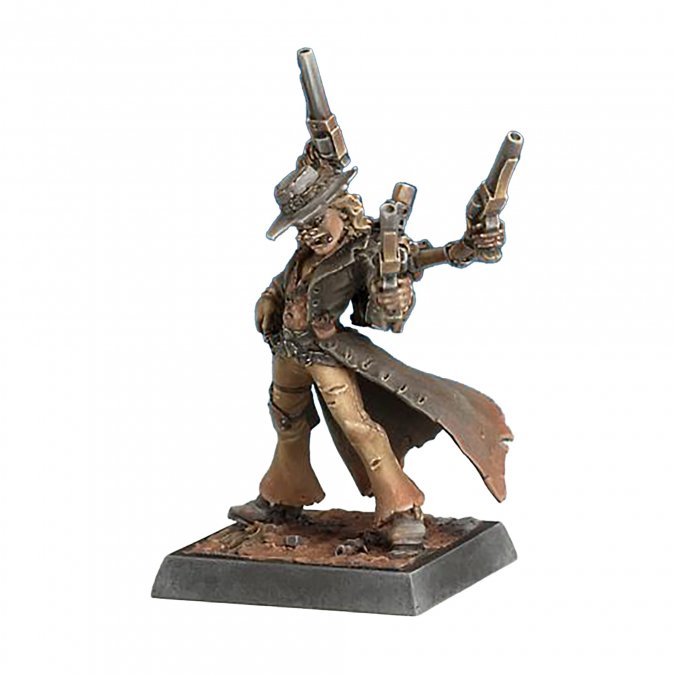 48014 Doc Taranto Steampunk Cowboy by Reaper Miniatures from the Chronoscope range sculpted by Werner Klocke. A printed miniature representing a steampunk style cowboy holding four guns, wearing a hat and long coat