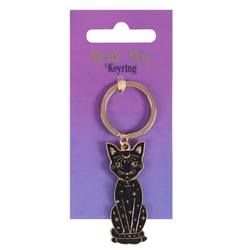 Mystic Mog sitting cat keyring, a black cat sat up with gold moon and stars detail, with a gold keyring for you to add this lovely alloy keyring to your bag or keys. A great gift for a mystical friend or for yourself.