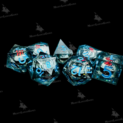 Red Spider Liquid Core Dice in Case With Blue Numbers