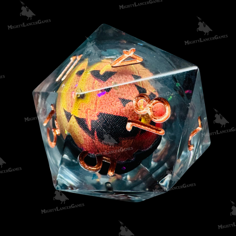 Pumpkin Liquid Core Dice in Case With Bronze Numbers