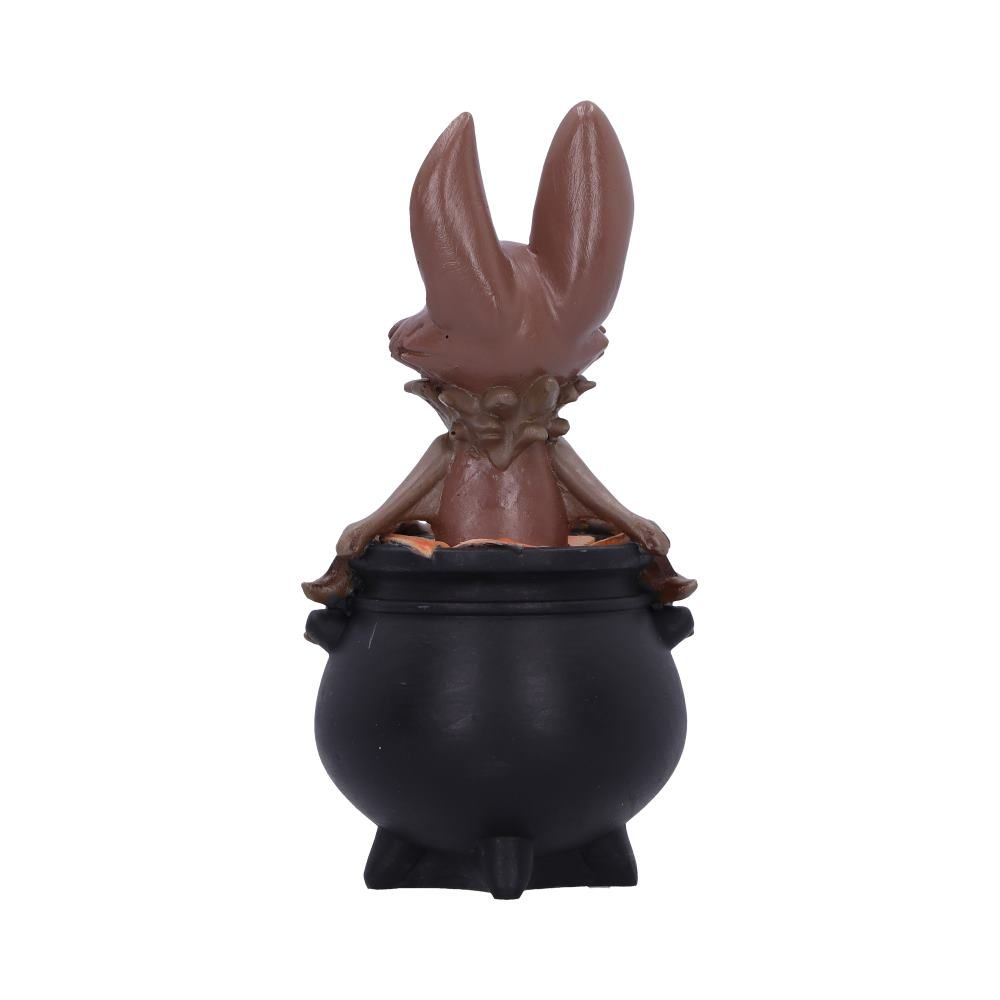 My Lil Familiar Vesper bat figurine.  An adorable ornament of a smiling bat appearing from a black cauldron with the phrase My Lil' Familiar to symbolise you conjuring this cutie from the cauldron to be your familiar pet