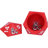 Dungeons & Dragons D20 Dice Box by Nemesis Now. This officially licensed Dungeons and Dragons box is shaped like a red D20 with white numbers. Open showing the inside