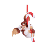 Nemesis Now Gremlins festive hanging ornament featuring Gizmo holding onto a red and white stripe candy cane. Christmas ornament 