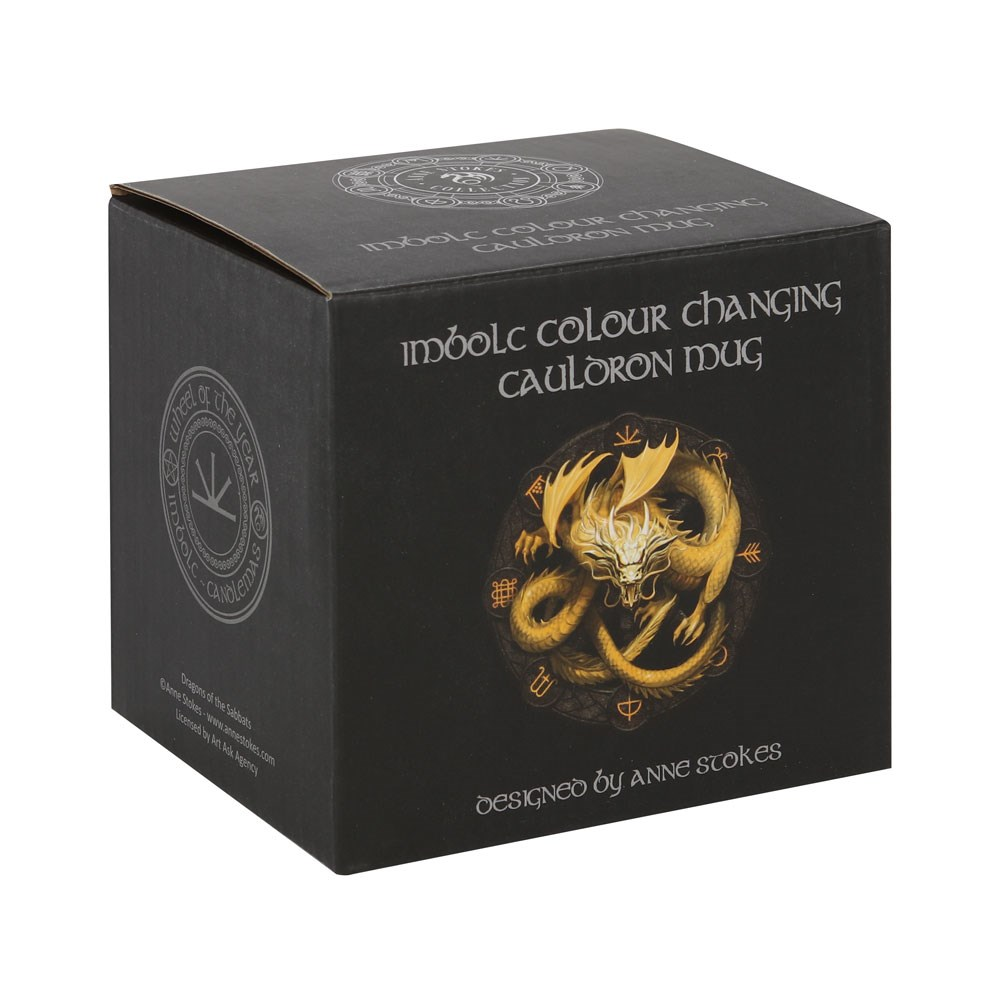Imbolc Colour Changing Cauldron Mug By Anne Stokes. This black cauldron mug features Imbolc dragon