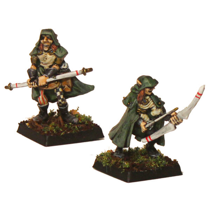 Way Walker Warban by Oakbound Studio. A set of eight lead pewter miniatures representing fae rangers with cloaks and bows