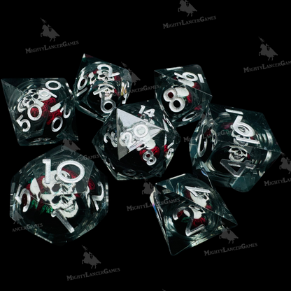 White Skull Liquid Core Dice in Case With Silver Numbers