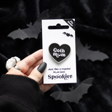 Goth Mum pin badge, a black heart with the words Goth Mum in white on a silver back with the U from Mum being a crescent moon making a wonderful edition to your keys or as a gift for a gothic mummy.  