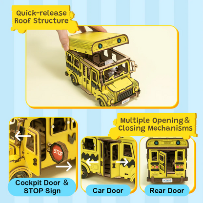 Peanuts Snoopy Yellow School Bus - Puremind Wooden Model Kit