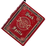 Nemesis Now Book of Spells Hanging Ornament. Red book shaped polyresin ornament with the words Book of Spells on the front