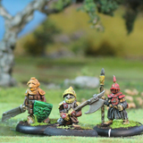 Goblin War Party by Oakbound Studio. A pack of eleven lead pewter miniatures of a joyful bunch of Goblins who are off to war, full of character and holding various weapons
