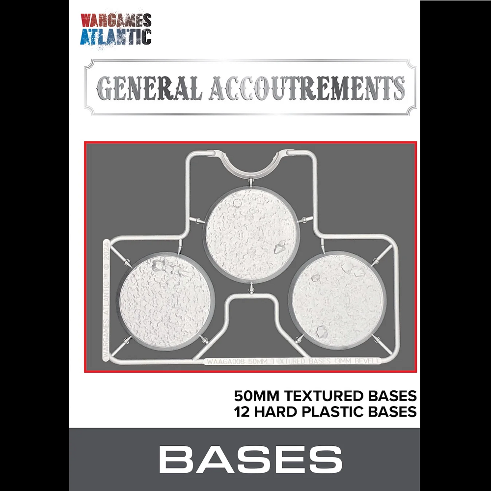 12 hard plastic 50mm bases with 3mm bevel edge, textured for desert, mud, snow, or alien landscapes, ready for miniature painting and tabletop display.