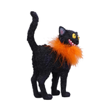 Furdinand a Black Cat With Orange Feather Boa by Nemesis Now. A cheeky black cat ornament with a wicked smile and awesome fashion sense. Bring a sense of joy and whimsy to your home decoration with this wonderful figurine of a black cat with its tail in the air, flecks of blue and purple in its fur and large yellow eyes.