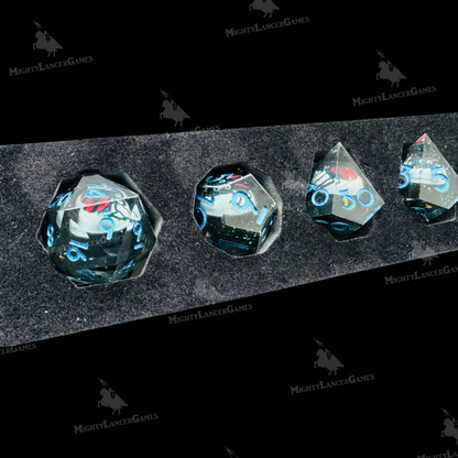 Red Spider Liquid Core Dice in Case With Blue Numbers