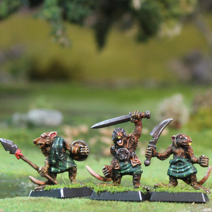 Gnawloch Warriors by Oakbound Studio. A set of ten lead pewter miniatures of Gnawloch rat warriors with various weapons and full of character
