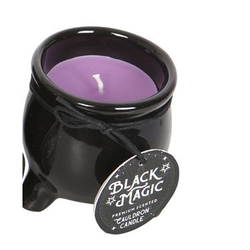 Prosperity Black Magic Scented Cauldron Candle. Lavender and rosemary aromas feature in this candle nestled inside a cauldron shaped container.