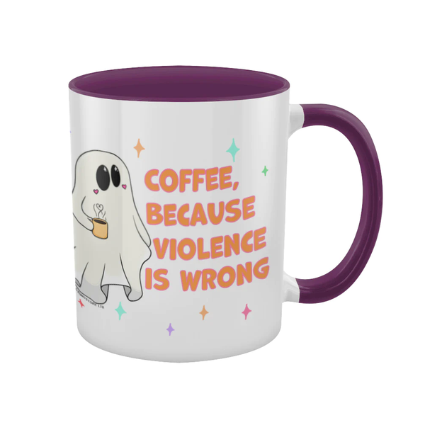 Because Violence Is Wrong Galaxy Ghouls Mug. A white mug with a purple handle and inner featuring an image of a cute ghost holding a coffee mug with the steam making a heart shape and the words 'Coffee, Because Violence Is Wrong'.