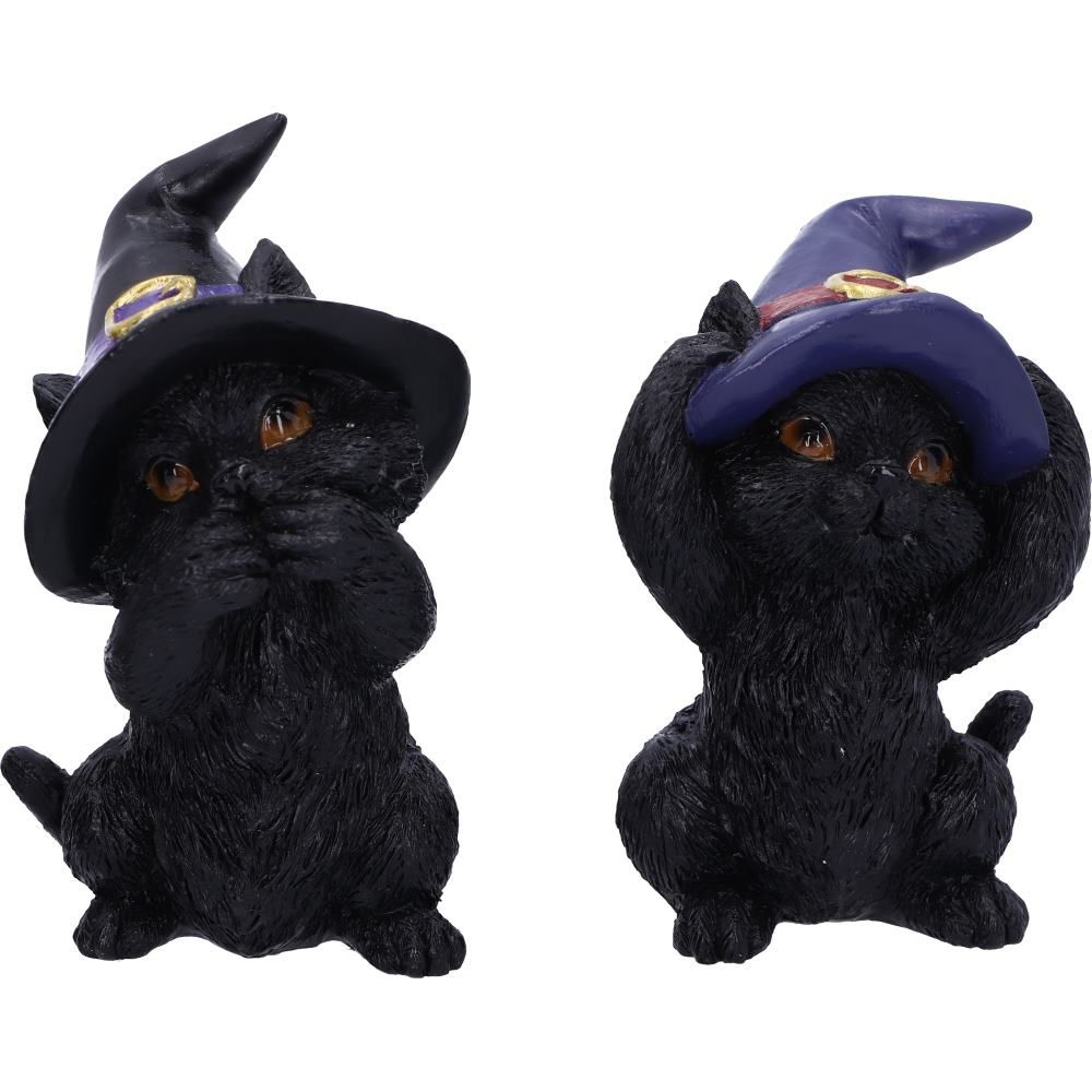 Three Wise Familiar Cats from Nemesis Now. A set of three black cats wearing witches hats and in the typical See No Evil, Hear No Evil, Speak No Evil poses making a wonderful edition to your collection or for a feline loving friend.