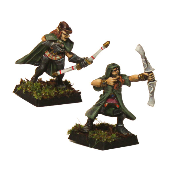 Way Walker Warban by Oakbound Studio. A set of eight lead pewter miniatures representing fae rangers with cloaks and bows