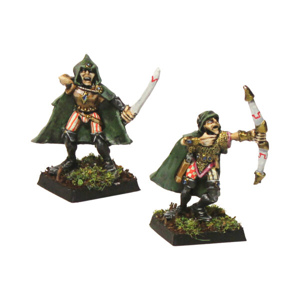 Way Walker Warban by Oakbound Studio. A set of eight lead pewter miniatures representing fae rangers with cloaks and bows