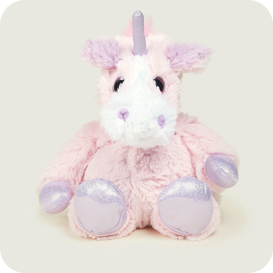 Pink plush unicorn toy with a wh...