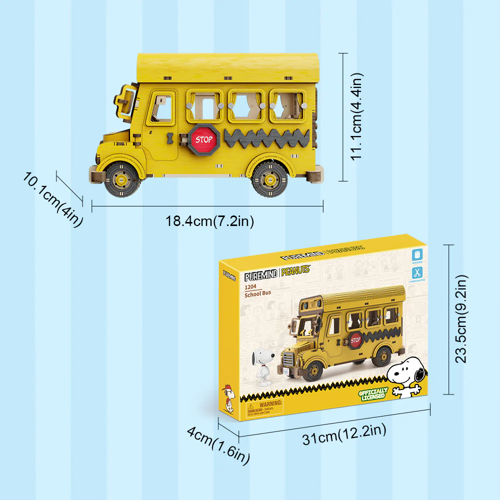 Peanuts Snoopy Yellow School Bus - Puremind Wooden Model Kit
