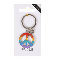 Love Is Love peace sign key ring. A large rainbow peace sign to brighten up your bag, keys or as a special gift for a friend. Wear it with pride.  