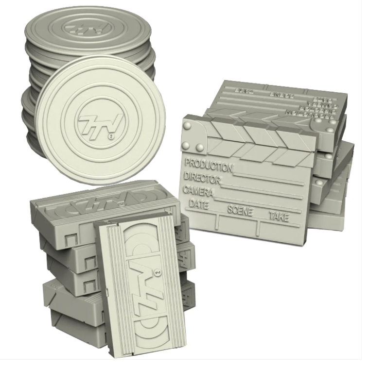 Deluxe Plot Point Tokens. A set of resin tokens styled as film cans, VHS tapes, and clapperboards. Each token is 15mm wide. Ideal for cinematic tabletop gaming.
