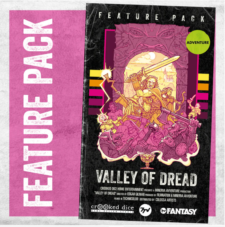 Valley of Dread Feature Pack. A retro VHS-style pack featuring episodes, profiles, accessory cards, and a resin Blood Chalice token for 7TV Fantasy adventures.
