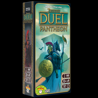 7 Wonders Duel Pantheon expansion with Pantheon board, Divinity cards, Wonders, tokens, and temples for the 2 player civilisation strategy game.