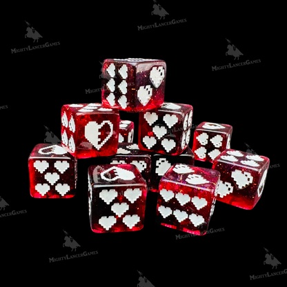 A set of 12 semi-transparent red glitter 1UP Dice with retro 8-bit white heart pips, ideal for trading card games, board games, or as a nostalgic gift.