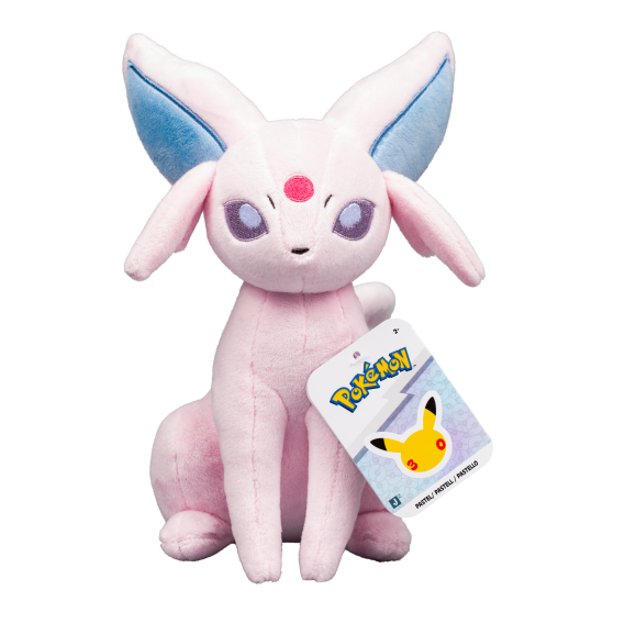 A pink plush toy of Eevee from Pokémon, sitting down and holding a product tag featuring the Pokémon logo and a Pikachu illustration, set against a plain white background. 8" Espeon - Pastel 30th Anniversary Pokémon Plushie