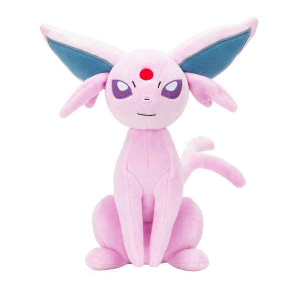 A pink plush toy of Eevee, a character from the Pokémon franchise, sitting against a solid white background. 8" Espeon Pokémon Plushie