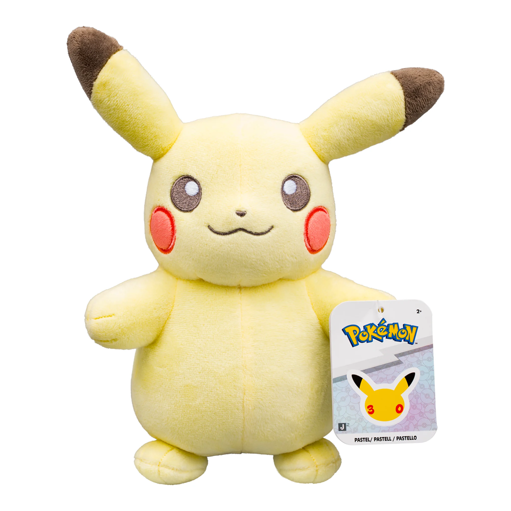 A yellow Pikachu plush toy with brown-tipped ears, pink cheeks, and a visible Pokémon hangtag on a plain white background. 8" Pikachu Pastel 30th Anniversary Pokémon Plushie