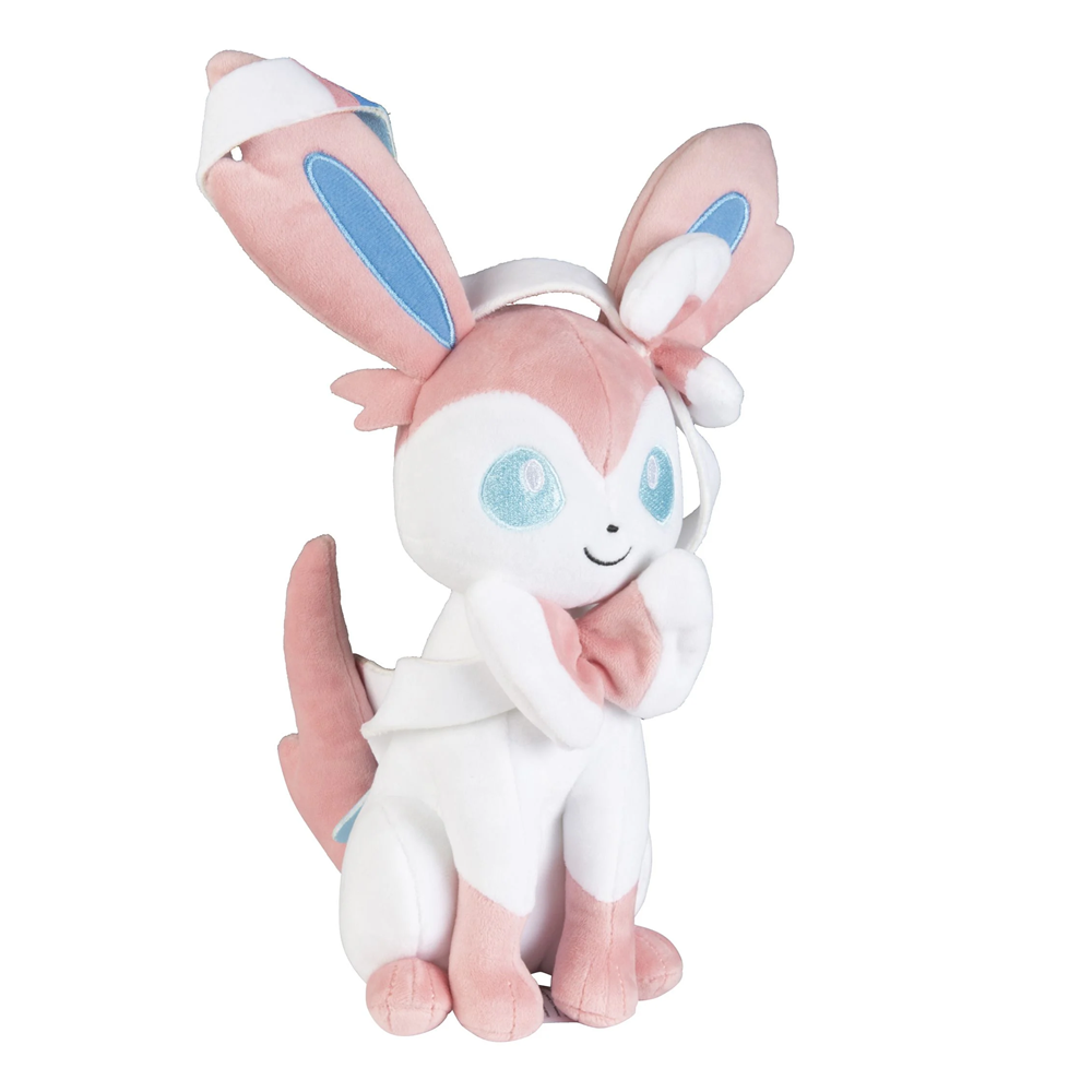 8" Pokémon Sylveon. Plush toy of a pink and white creature with large ears on a white background