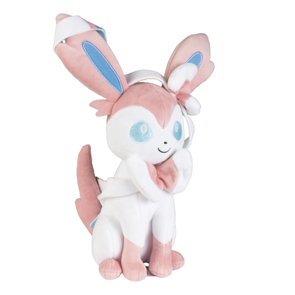 8" Pokémon Sylveon. Plush toy of a pink and white creature with large ears on a white background