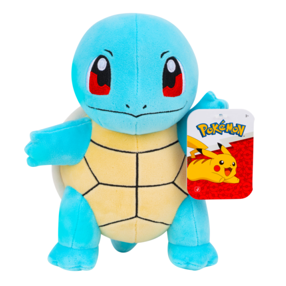 A plush toy of Squirtle from Pokémon, featuring its signature light blue body, cream-colored shell, and red eyes, holding a branded Pokémon hangtag. 8" Squirtle - Pokémon Plush