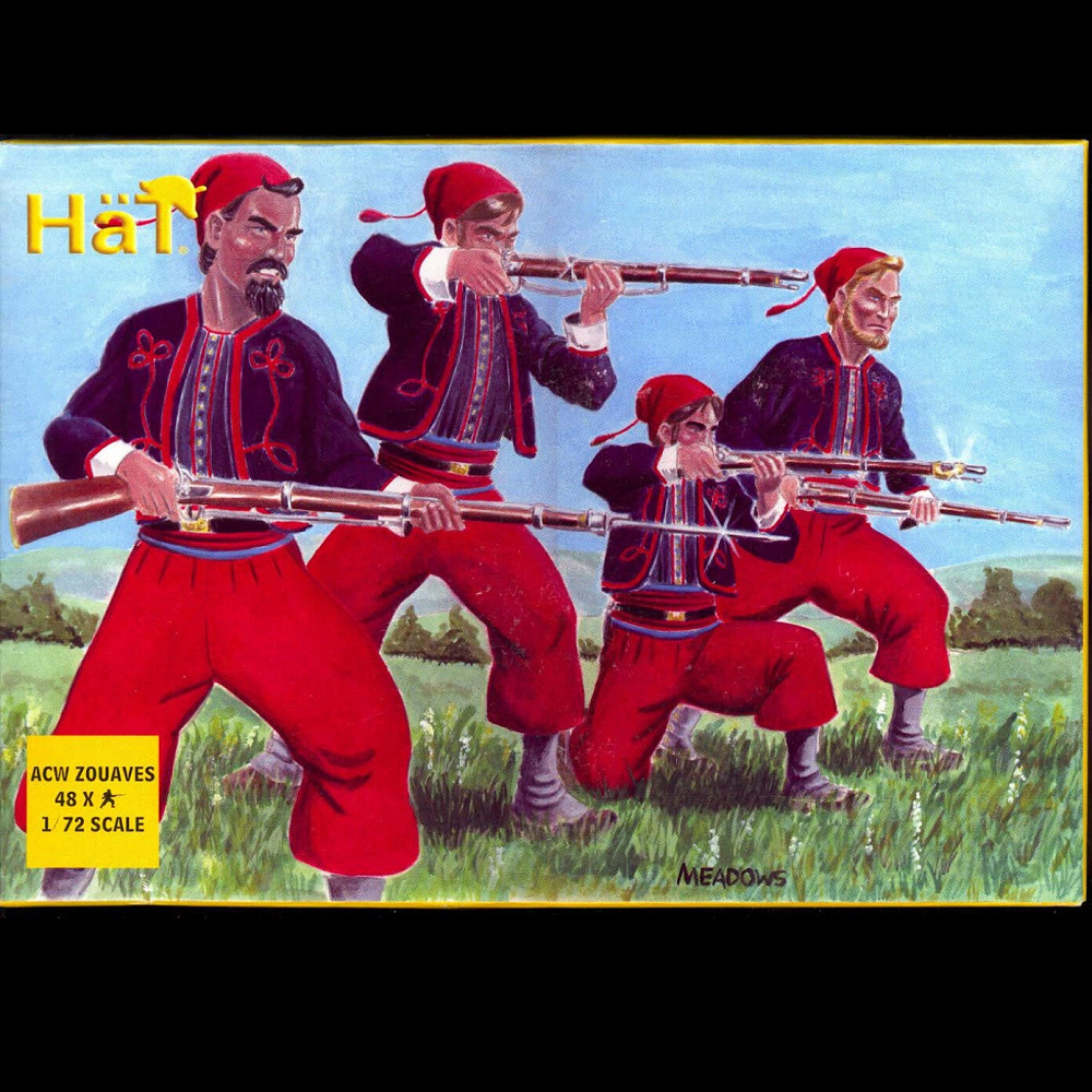 Model kit box for ACW Zouaves with four soldiers in red uniforms and rifles, featuring the brand 'Hät'. ACW Zouaves model box featuring 48 unpainted plastic miniatures, showcasing detailed Zouave soldiers in various poses, ideal for tabletop wargaming.