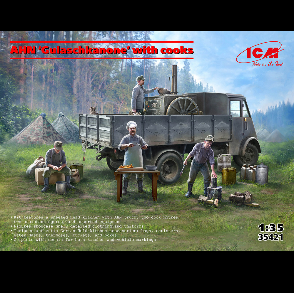 Box of ICM AHN “Gulaschkanone” with cooks 1:35 scale model kit featuring a WW2 field kitchen and detailed figures.