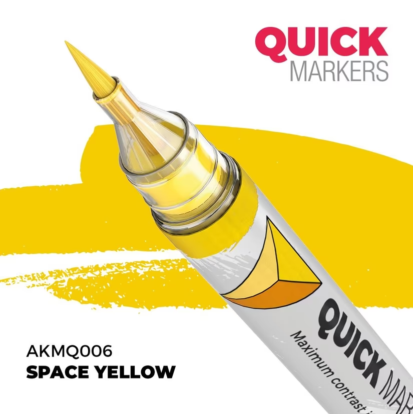AK Interactive Quick Marker Space Yellow acrylic paint marker for miniature painting. Quick Markers space yellow marker with a yellow stroke on a white background