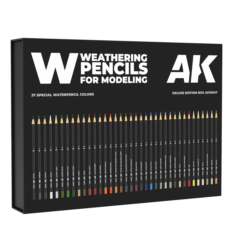 Box of Weathering Pencils for Modeling by AK with a black background and colored pencils illustration. AK Weathering Pencils Deluxe Edition Box