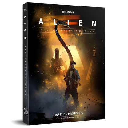 Free League ALIEN RPG Rapture Protocol Cinematic Adventure Set with scenario book map and player materials. The front art of the book