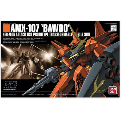 AMX-107 Bawoo model kit featuring a transformable design into Bawoo Attacker and Natter modes, complete with beam saber, beam rifle, shield, and detailed stickers