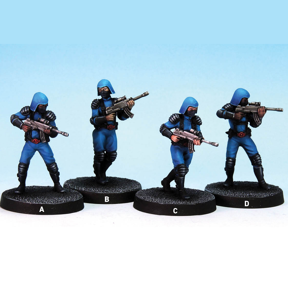 ASP Troopers version 1 by Crooked Dice. A set of four metal figures representing masked minions with guns making a great edition to your RPGs and tabletop gaming