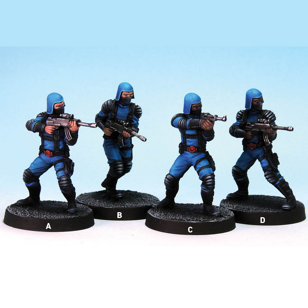 ASP Troopers version 2 by Crooked Dice. A set of four metal figures representing masked minions with guns making a great edition to your RPGs and tabletop gaming