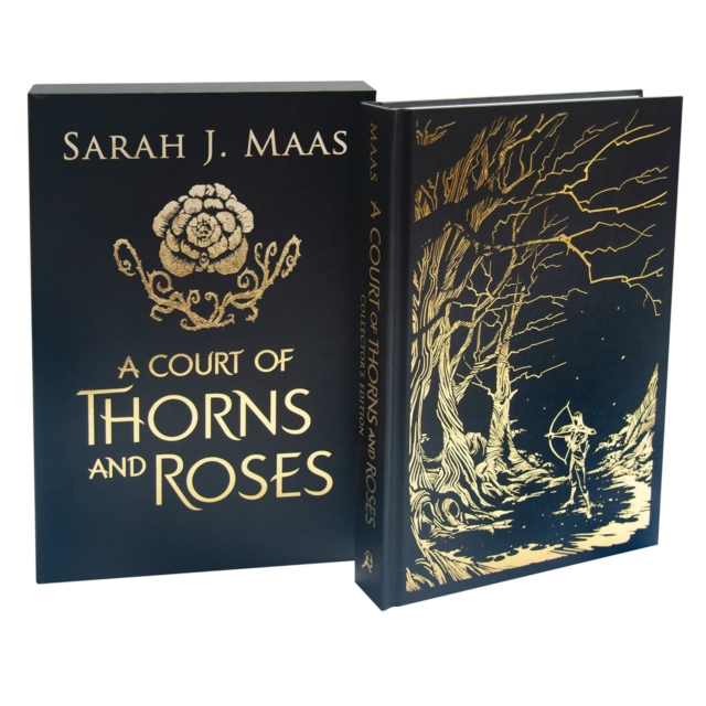 A Court of Thorns and Roses Collector's Edition by Sarah J Maas a 448 page hardback edition which comes complete with a cloth slipcase featuring unique foil art on the case and book cover, ribbon pull, brand new interior page design, metallic endpapers and newly illustrated map.