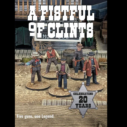 Product packaging for 'A Fistful of Clints' with miniature figures and a sheriff's star on a wooden background.