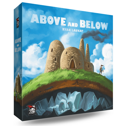 Above and Below board game with village building components and exploration elements
